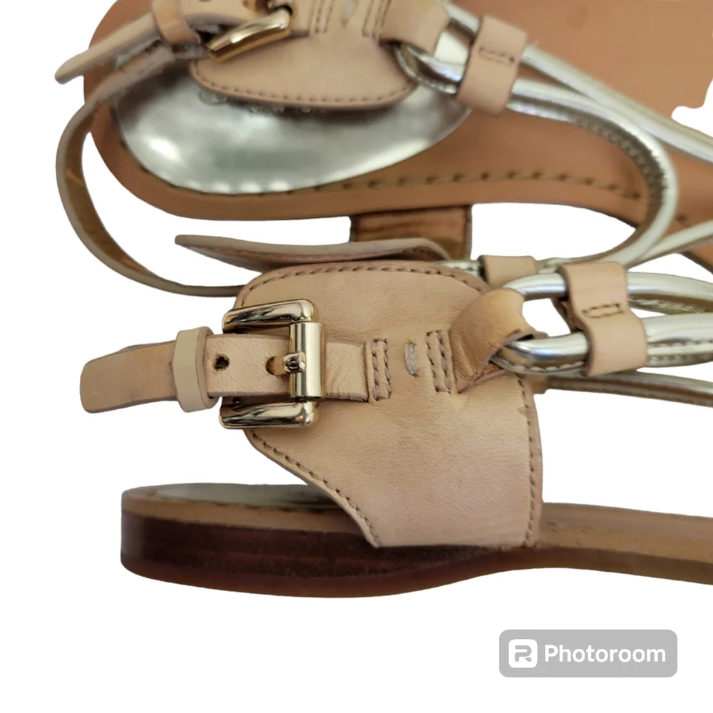 Coach Beige and Metallic Gold Leather T-Strap Sandals - Picture 8 of 16